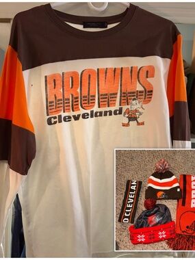 Cleveland Browns Womans Long-Sleeve Colorblock Tee - Orange/Brown/White